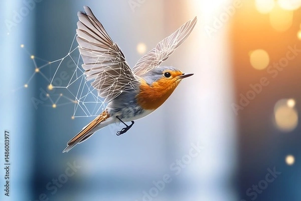 Fototapeta A European robin soaring through the air, displaying its striking orange and gray feathers in mid-flight