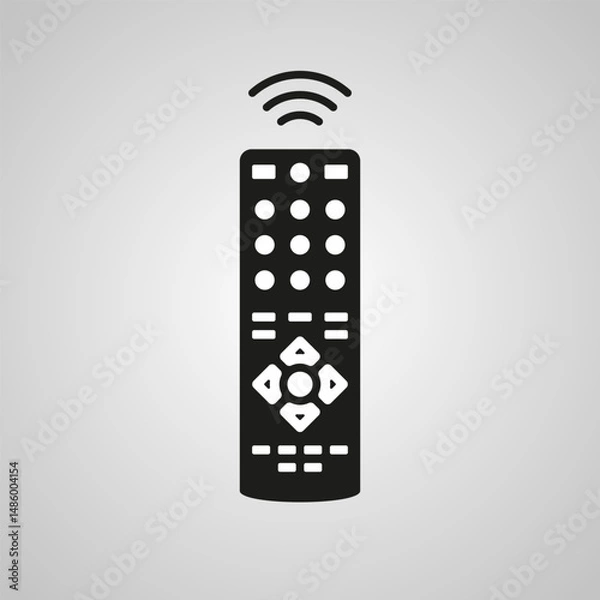Obraz Black TV remote control icon with signal waves on a gray gradient background, representing wireless media device control.