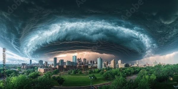 Fototapeta Massive dark swirling storm cloud forming an ominous circular vortex above a modern city skyline with tall buildings and green parks under dramatic lighting