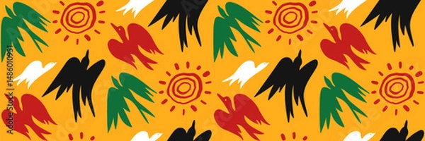 Obraz African geometric seamless pattern with hand drawn birds of freedom and sun. Abstract ethnic horizontal background. Juneteenth celebration background. Vector doodle illustration.