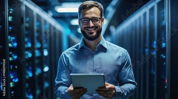 Fototapeta Confident IT professional smiling in server room with tablet for data analysis
