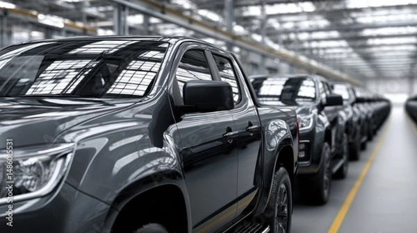 Obraz New pickup trucks on assembly line, in modern car factory, ready for distribution.