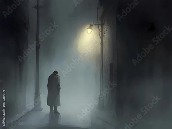 Fototapeta Solitary Figure in Foggy City Alley