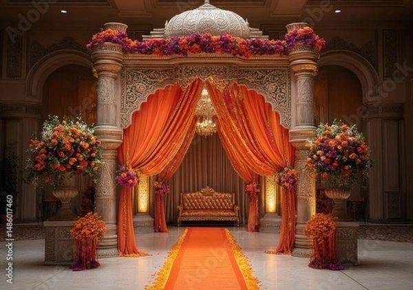 Fototapeta ornate ceremonial wedding mandap with orange drapes, floral arrangements, intricate stone columns, and a plush seat under a chandelier, creating an elegant and festive atmosphere