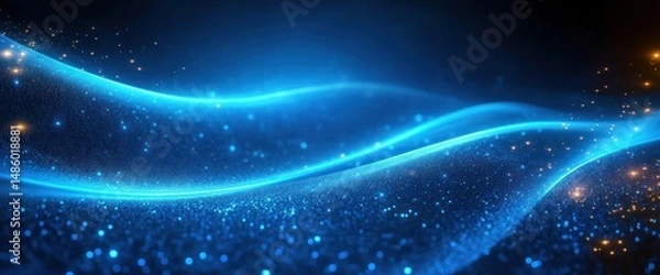 Fototapeta Glowing blue and orange digital wave with sparkling particles creating a flowing abstract futuristic landscape
