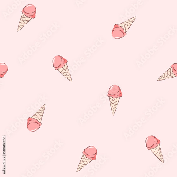 Fototapeta Vector illustration. Seamless pattern of cute pink ice cream on light pink background. Summer pattern, print for fabric, textile, wrapping paper