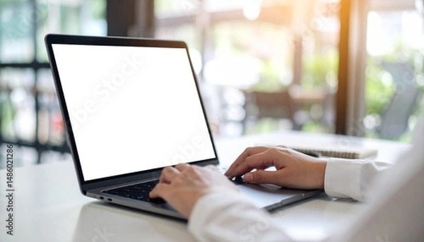 Obraz Laptop Mockup Template at an Office - Monitor, Tablet and Computer Screen - Application Design, Web Design and UI Interface Design, Screen - Asset for Presentation of Graphic Design for Portfolio