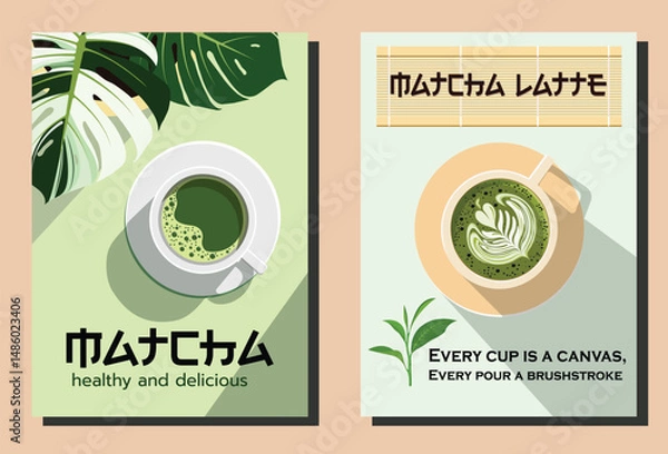 Fototapeta Flat design vector posters promoting matcha lattes. Featuring leafy backgrounds, cups of matcha with foam art, and wellness-oriented slogans.