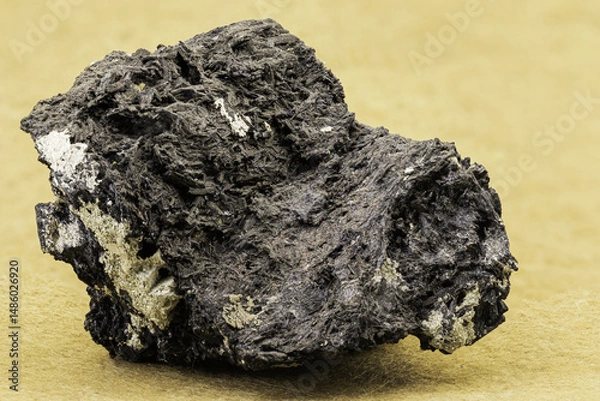Fototapeta Macro photo of a dark mineral specimen showing fibrous structure and metallic sheen. Useful for geology, earth science, mineralogy, or educational purposes in stock photography
