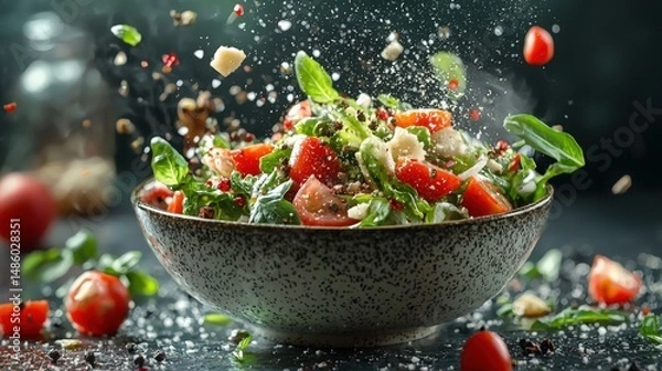Fototapeta Fresh salad with chopped vegetables and herbs splashing in a rustic bowl, vibrant healthy food arrangement with tomatoes greens and dressing, close-up