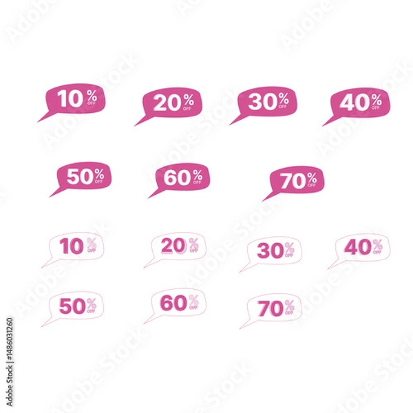 Fototapeta Set of discount stickers, Pink price tags with discounts 10,20,30,40,50,60,70,Flat vector elements for sales, promotions, isolated on transparent background

