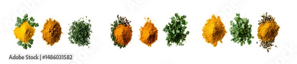 Fototapeta An eliment set of Spices of Turmeric, pepper powder, and dried parsley shot from above isolated on a transparent background ,png