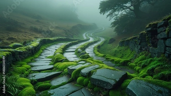 Fototapeta Serene moss-covered stone path winds through a misty green landscape. A tranquil scene of nature's artistry.