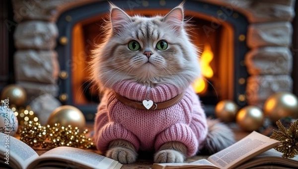 Fototapeta Adorable fluffy cat in a pink sweater enjoys a cozy evening by the fireplace, surrounded by festive decorations and books.