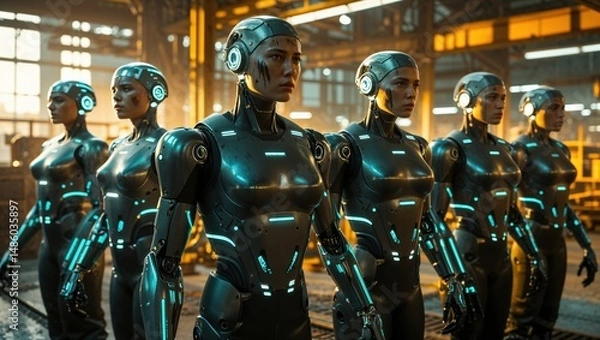 Fototapeta A line of female androids stand in a dimly lit industrial setting. Their metallic bodies gleam with teal accents, creating a futuristic and slightly ominous mood.