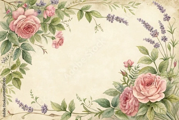 Fototapeta Vintage Floral Border Background with Pink Roses and Lavender Elegant Romantic Frame for Wedding Invitations and Greeting Cards