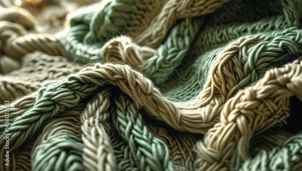 Fototapeta Close-up of a textured knitted fabric in shades of sage green and beige. The intricate cable knit pattern creates a visually appealing and tactile experience.