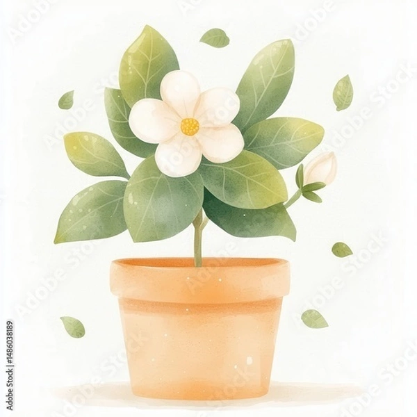 Fototapeta Watercolor painting of a white flower in a terracotta pot, surrounded by falling petals. Soft lighting and pastel colors create a serene atmosphere.