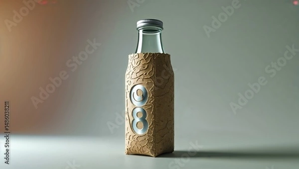 Fototapeta Glass bottle with a beige sleeve, featuring a unique design and metallic number detail. A minimalist and stylish beverage container.