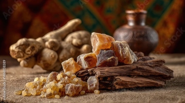 Fototapeta Benefits of guggul. Natural resin and spices beautifully arranged with pottery in a rustic setting.