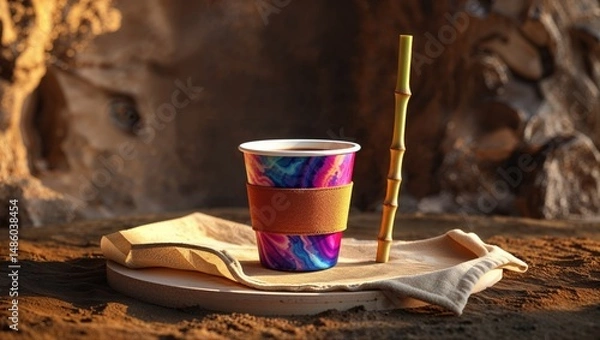 Fototapeta A vibrant, colorful disposable cup with a tan sleeve sits on a rustic wooden tray. A bamboo straw rests beside it, against a backdrop of earthy tones and textures.