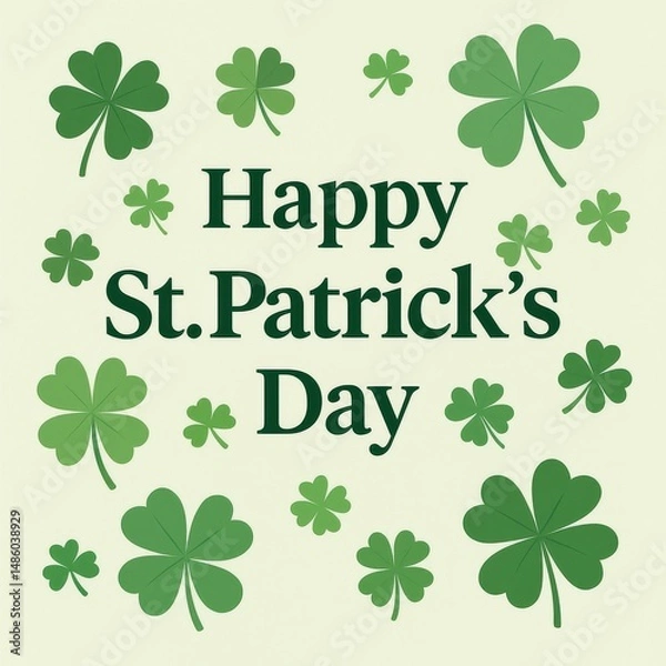 Fototapeta Flat illustration of multiple green shamrocks and bold festive text for St. Patrick's Day, celebrating Irish culture and holiday cheer 