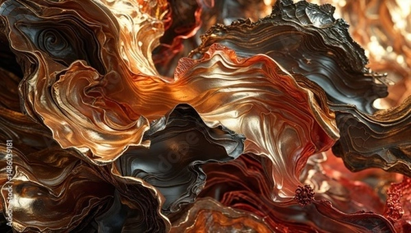 Fototapeta Abstract digital art showcasing swirling metallic textures in rich gold, copper, and dark hues. The flowing forms create a sense of depth and movement.