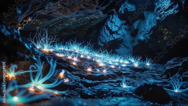 Fototapeta Glowing bioluminescent plants illuminate a dark cave, creating an ethereal, otherworldly scene. The vibrant blue light casts an enchanting glow on the rough cave walls.