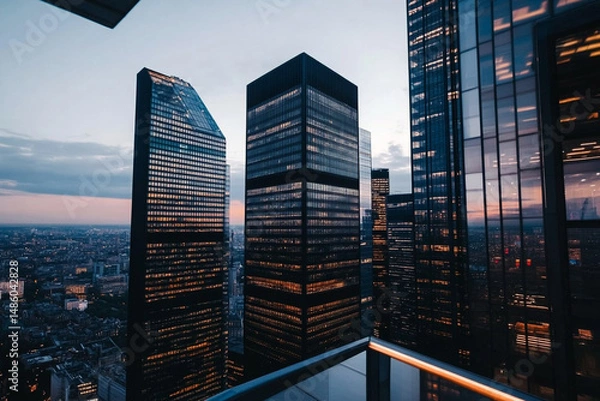 Fototapeta Skyline view of financial district skyscrapers with businesspeople during dusk
