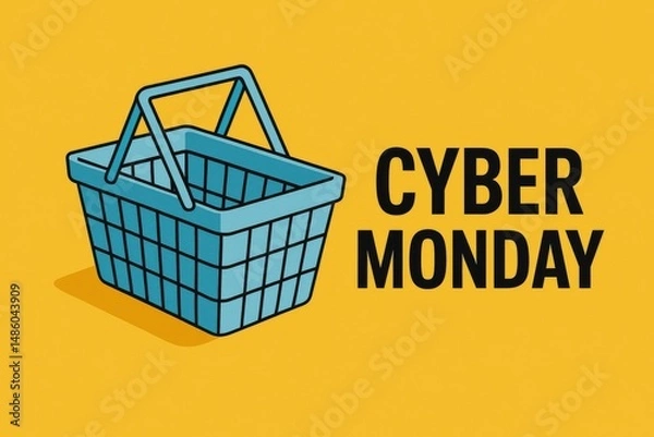 Fototapeta Bright and simple Cyber Monday sale design featuring a blue shopping basket illustration and bold text on a yellow background, ideal for digital marketing 
