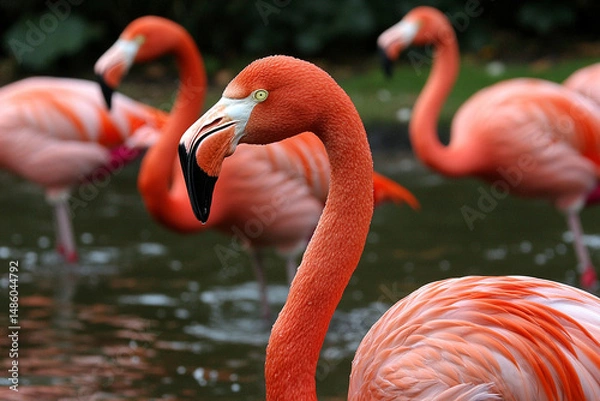 Fototapeta Flock of flamingos gathered in shallow water creating a vibrant spectacle at twilight