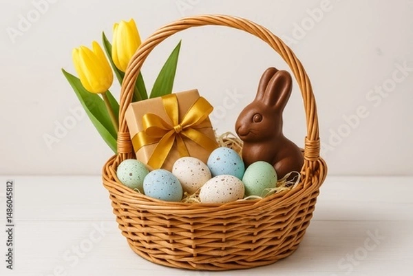 Fototapeta Wicker basket filled with pastel Easter eggs, a chocolate bunny, fresh yellow tulips, and a gold-wrapped gift, arranged for a cheerful springtime celebration 
