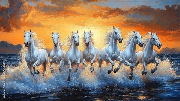 Obraz Seven white horses running through the ocean water during a dramatic orange and blue sunset with waves splashing dynamically