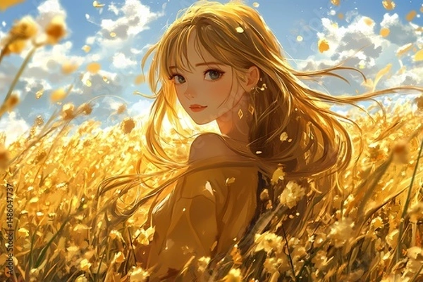 Fototapeta Anime girl in golden flower field