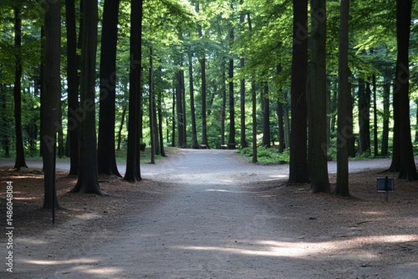 Fototapeta Winding path through lush forest trees inviting exploration and adventure