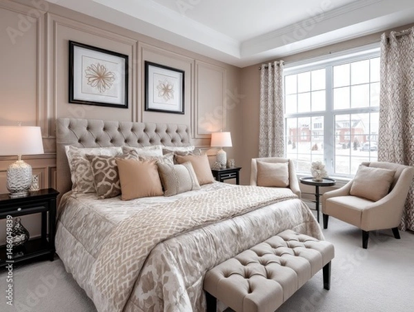 Fototapeta Elegant modern bedroom with neutral tones, plush bedding, tufted headboard, cozy chairs, and large window letting in natural light.