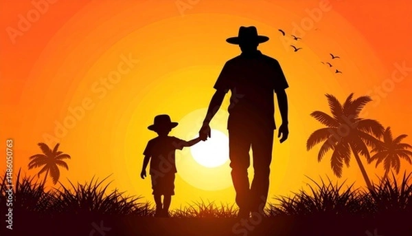 Obraz A Father's Day greeting card illustration with a silhouetted father and child walking together at sunset, father and son at sunset