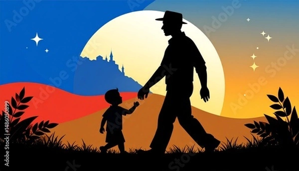 Obraz A Father's Day greeting card illustration with a silhouetted father and child walking together at sunset, father and son at sunset
