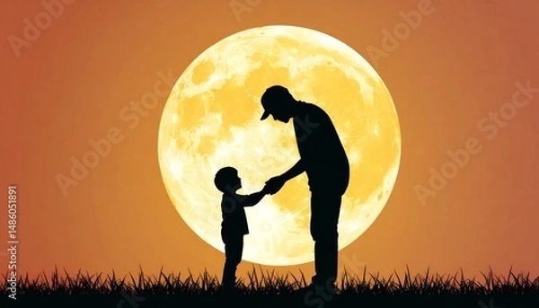 Obraz A silhouette illustration of a Father's Day greeting card design. The image features a large yellow full moon in the background against a dark brown sky