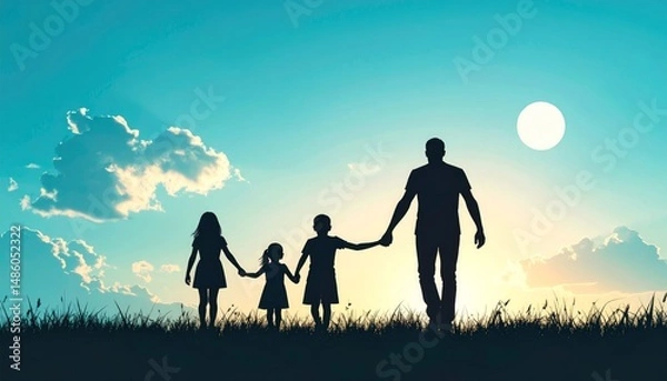 Obraz A digital illustration of a father and three child silhouette walking in a grassy field against a turquoise sky, father and daughter on the meadow