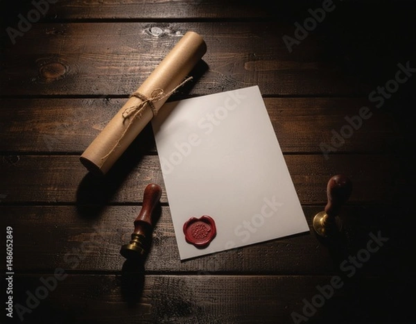 Fototapeta foglio bianco appoggiato ad un vecchio tavolo di legno con in calce a destra un timbro in ceralacca rossa.