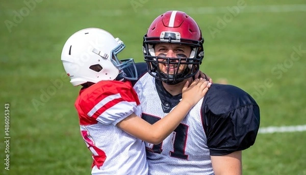 Fototapeta Football Player Hugged By A Young Person In Red And White Uniform On Green Field