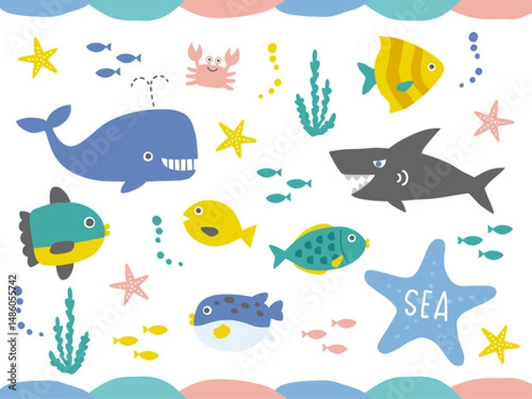 Fototapeta かわいい海の生き物のイラストセット　魚、クジラ、サメ、カニ、ヒトデなど