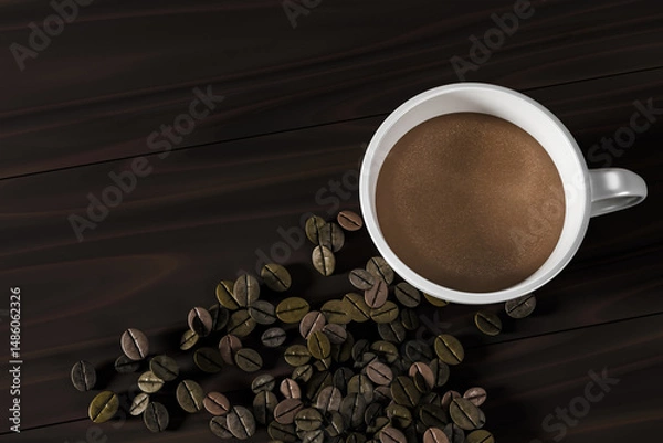 Fototapeta Top view of a coffee cup with roasted beans on dark wood background