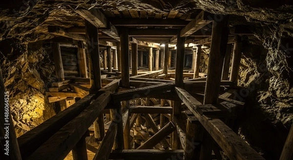 Obraz Mine Interior with Wooden Structure