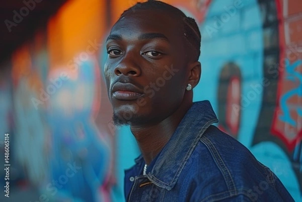 Fototapeta urban fashion shoot with diverse model in denim jacket, graffiti wall, realistic style, warm sunset lighting, vibrant blue and orange tones, angled composition