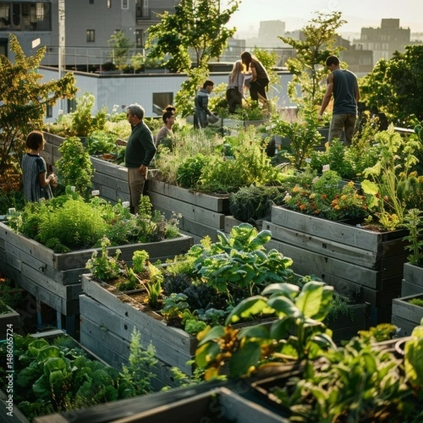 Fototapeta urban rooftop garden with diverse gardeners, candid style, bright daylight, vibrant green and gray tones, wide-angle composition with garden in foreground