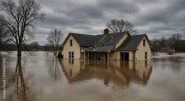 Obraz Flooded House in Water Under Cloudy Sky