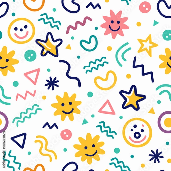 Fototapeta Whimsical, colorful pattern with simple shapes and happy faces