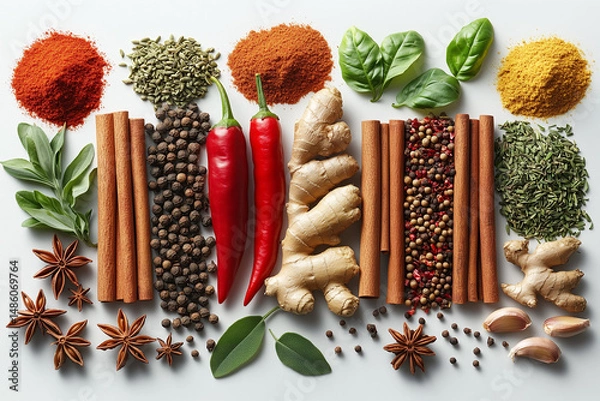 Fototapeta Colorful Assorted Spices and Herbs Flatlay on Clean White Background